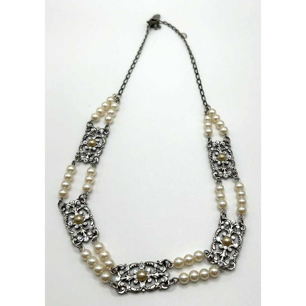 Vintage Anne Koplik Womens Art Deco Pearl‎ Rhinestone Adjustable Necklace